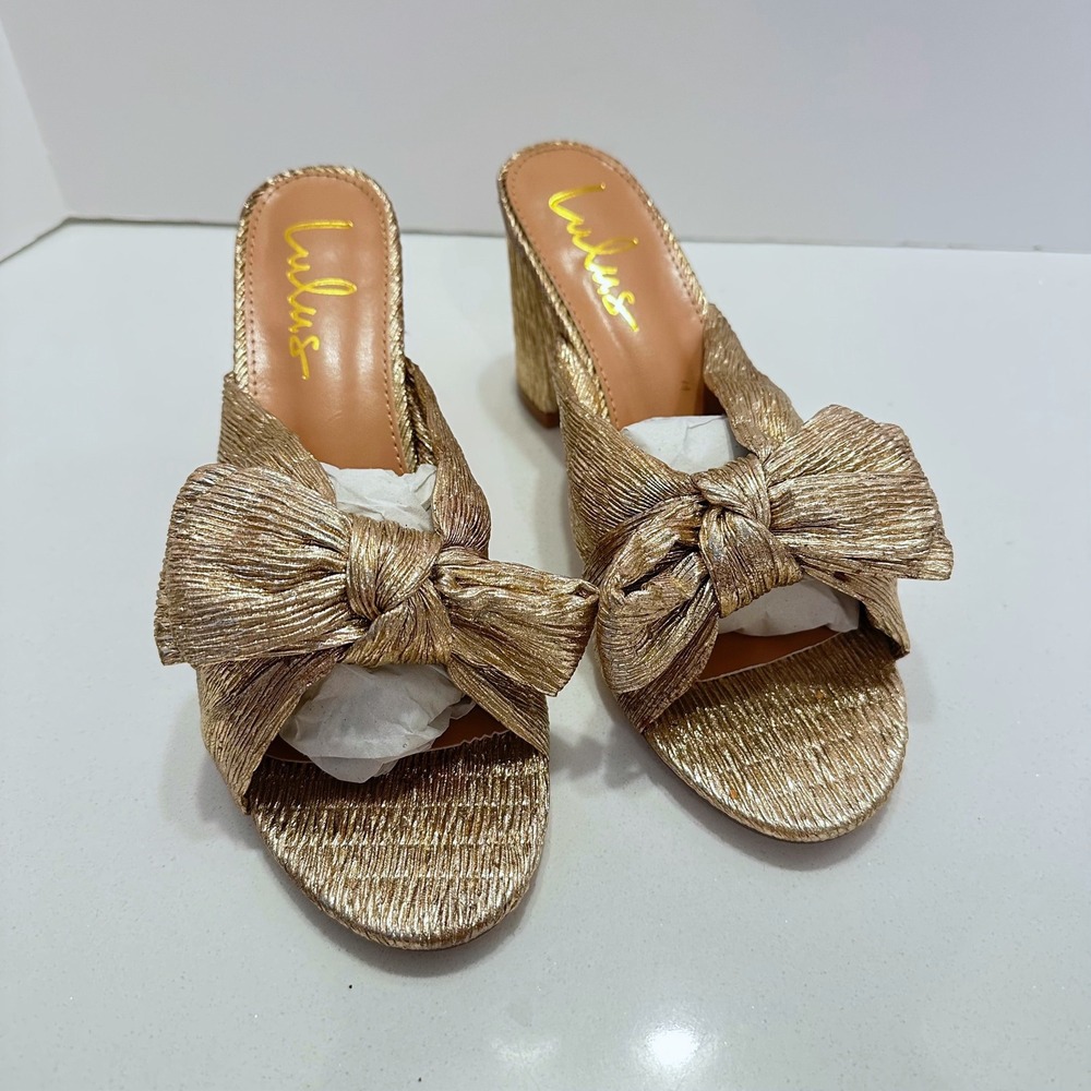 Lulus Dorothea Rose Gold Metallic Knotted Bow Block Heel Mules Womens Size 9